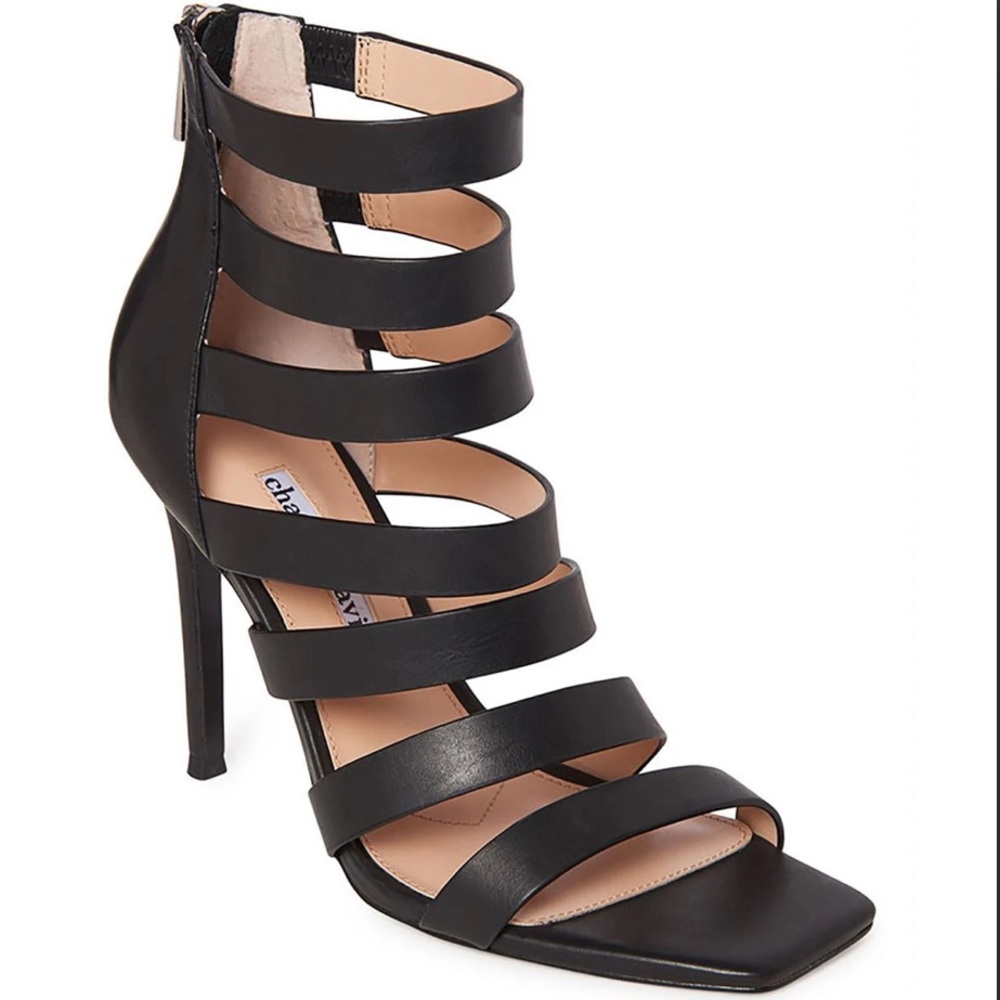 NIB Charles David black leather cut out hollow cage strappy stiletto Velma heels